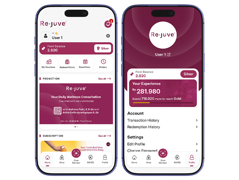 Two phone screens showing the UI of Re.juve's Cold-pressed Club membership App