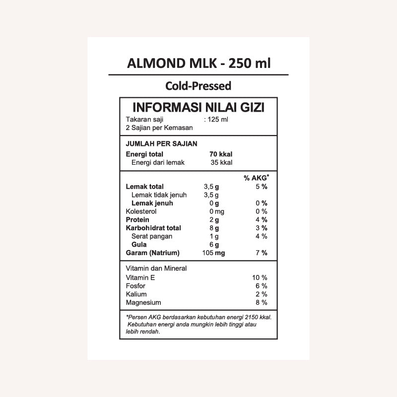 Almond milk nutrtition facts label.