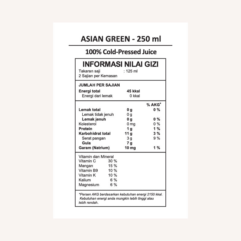 Asian Green nutrition facts label.