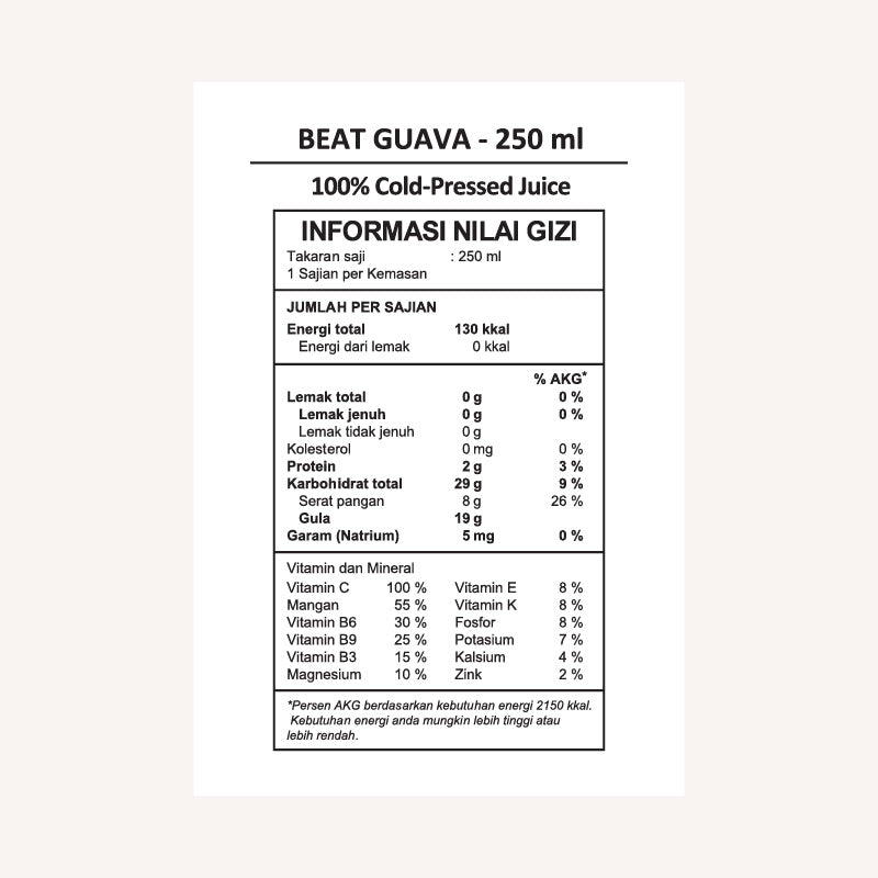 Beat guava nutrition facts label.