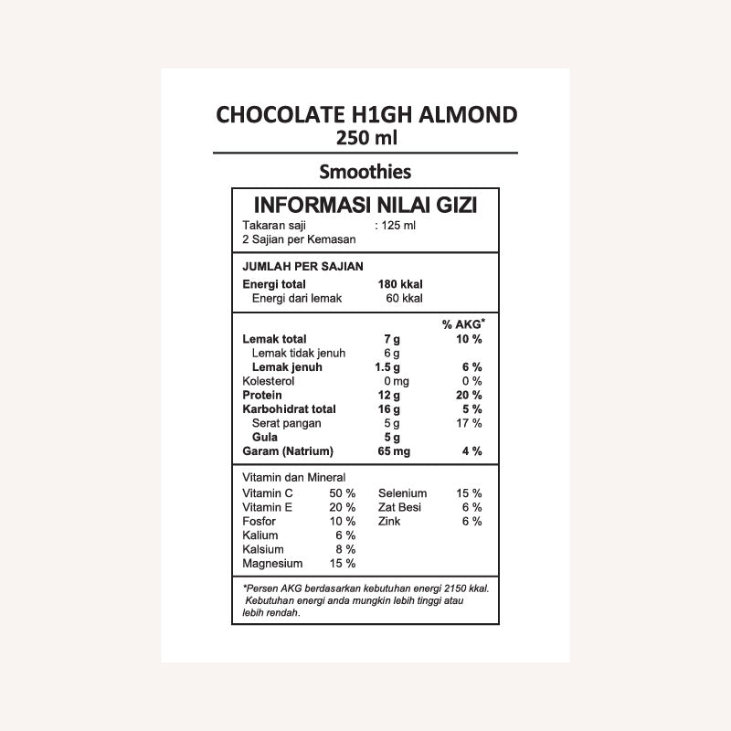 Chocolate High Almond nutrition facts label.