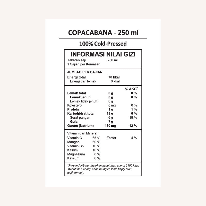 Copacabana nutrition facts label.