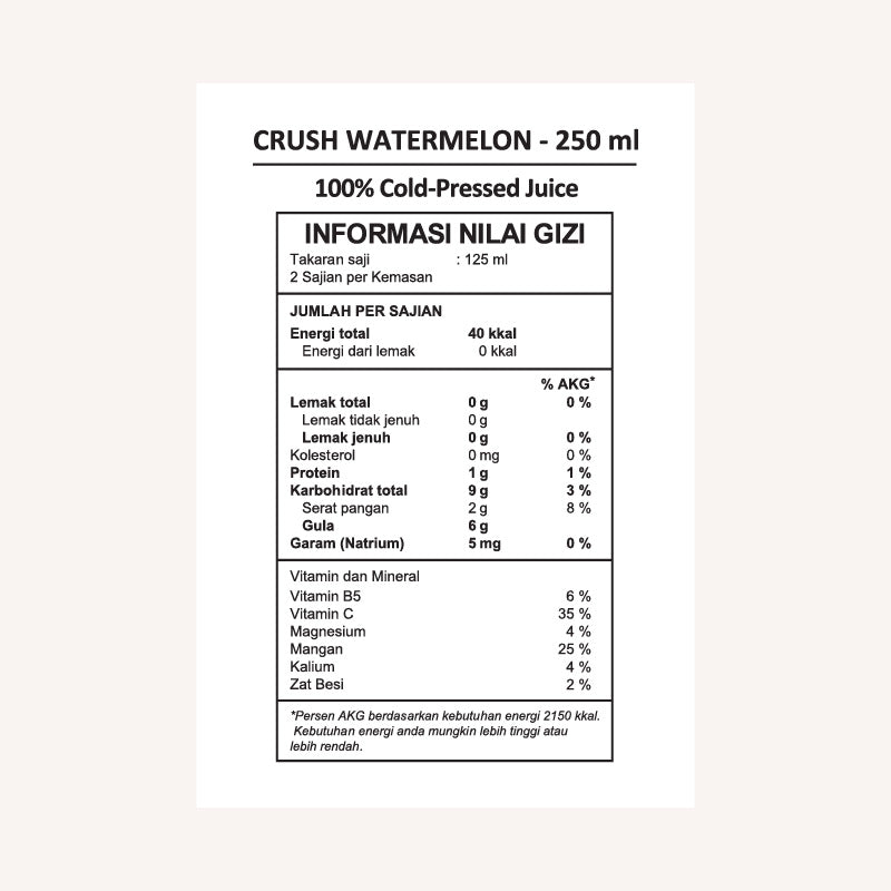 Crush watermelon nutrition facts label.