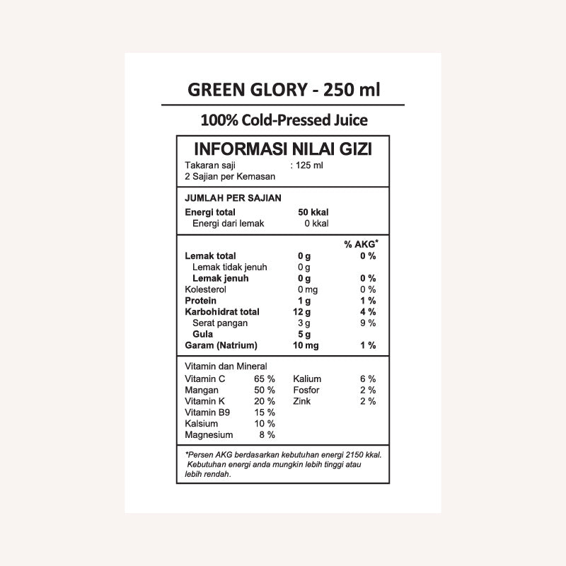 Green Glory nutrition facts label.
