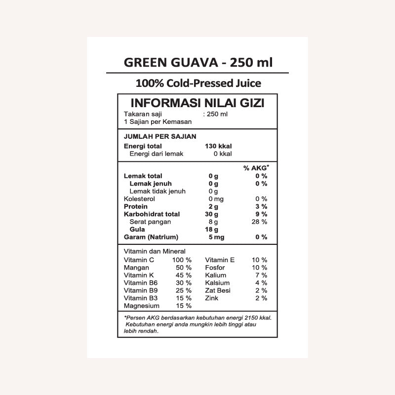 Green guava nutrition facts label.