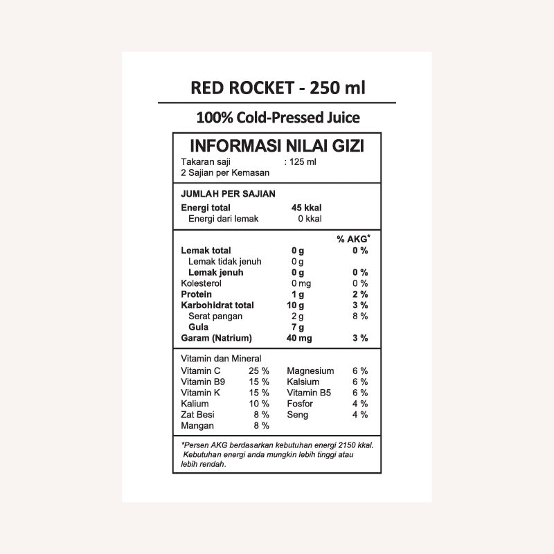 Red rocket nutrition facts label.