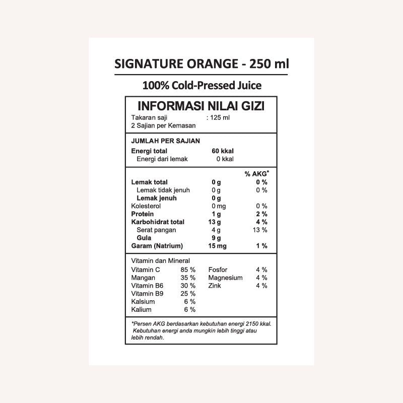 Signature Orange nutrition facts label.