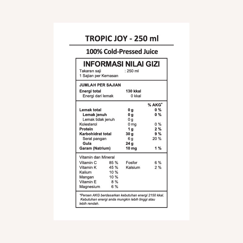 Tropic joy nutrition facts label.