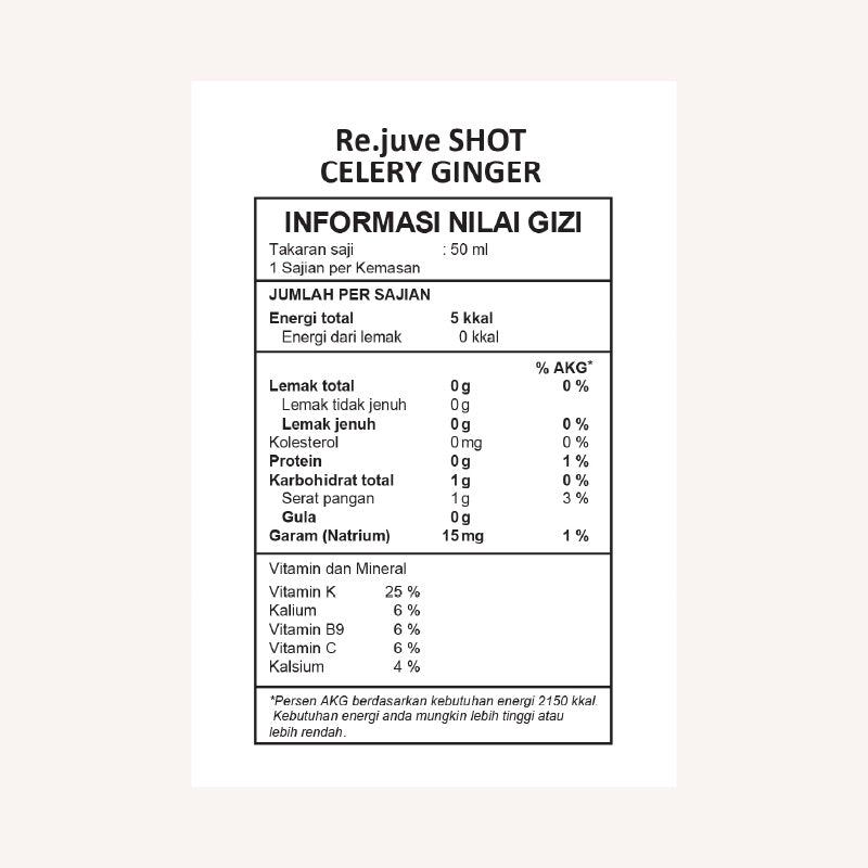 Celery Ginger nutrition facts label.